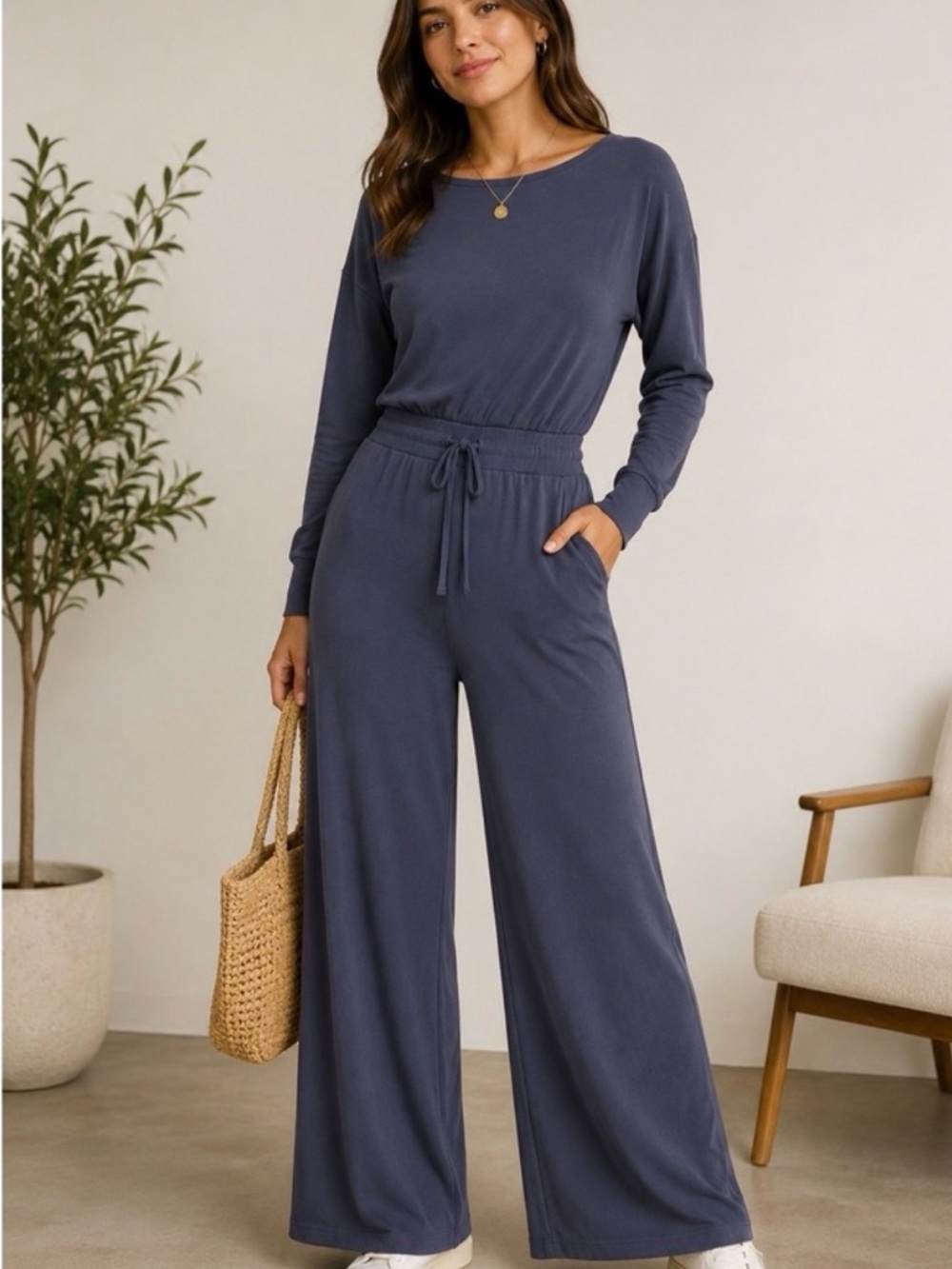 Spanx AirEssentials Long Sleeve Wide-Leg Slate Blue Jumpsuit | Size Extra Large